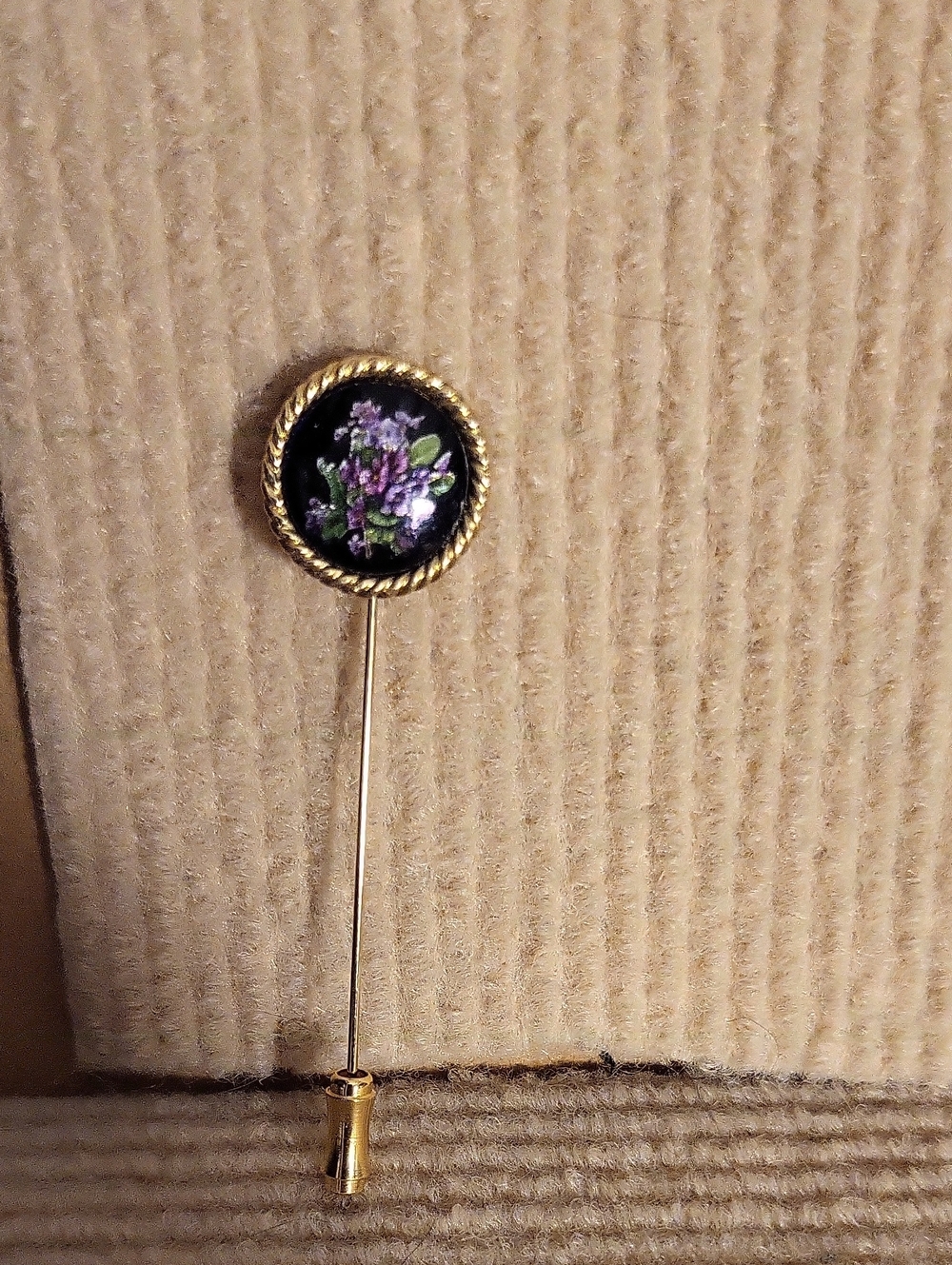 vintage Crown Trifari hand-painted violet stick pin